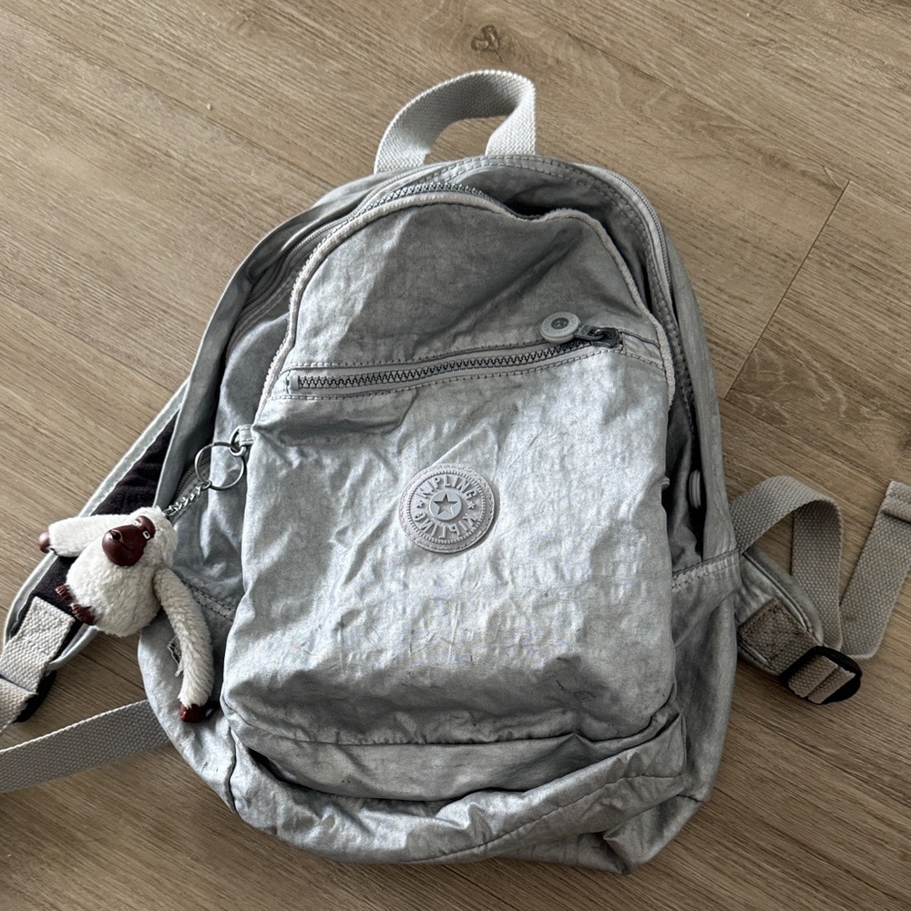 Kipling Metallic Silver Backpack With Monkey Charm - image 1